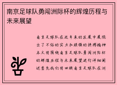 南京足球队勇闯洲际杯的辉煌历程与未来展望
